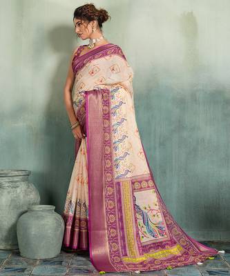 Cream wine floral linen kalamkari saree with blouse 3