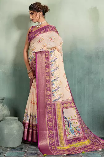 Cream wine floral linen kalamkari saree with blouse