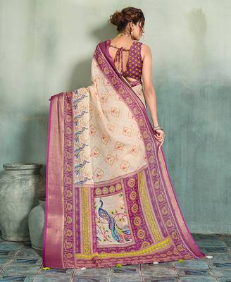 Cream wine floral linen kalamkari saree with blouse 4