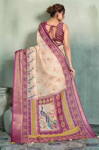 Cream wine floral linen kalamkari saree with blouse