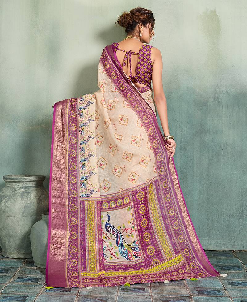 Cream wine floral linen kalamkari saree with blouse