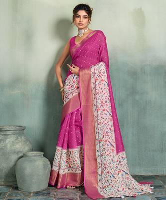 Magenta floral polka linen bollywood saree with blouse 1