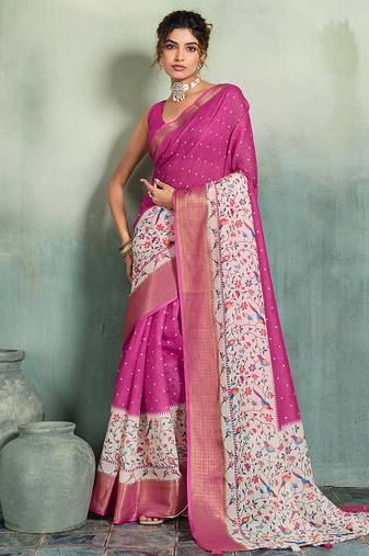 Magenta floral polka linen bollywood saree with blouse