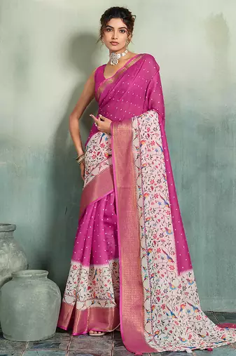 Magenta floral polka linen bollywood saree with blouse