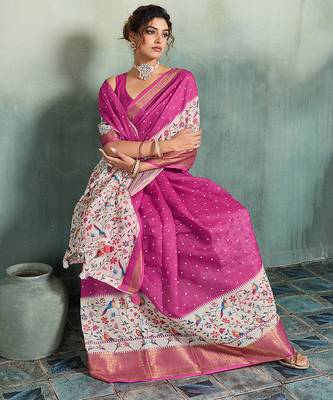 Magenta floral polka linen bollywood saree with blouse 2