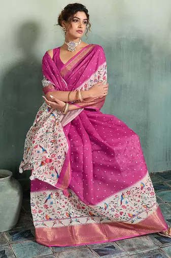 Magenta floral polka linen bollywood saree with blouse