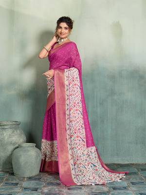 Magenta floral polka linen bollywood saree with blouse 3