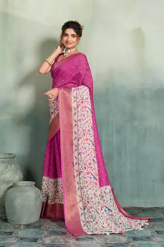 Magenta floral polka linen bollywood saree with blouse