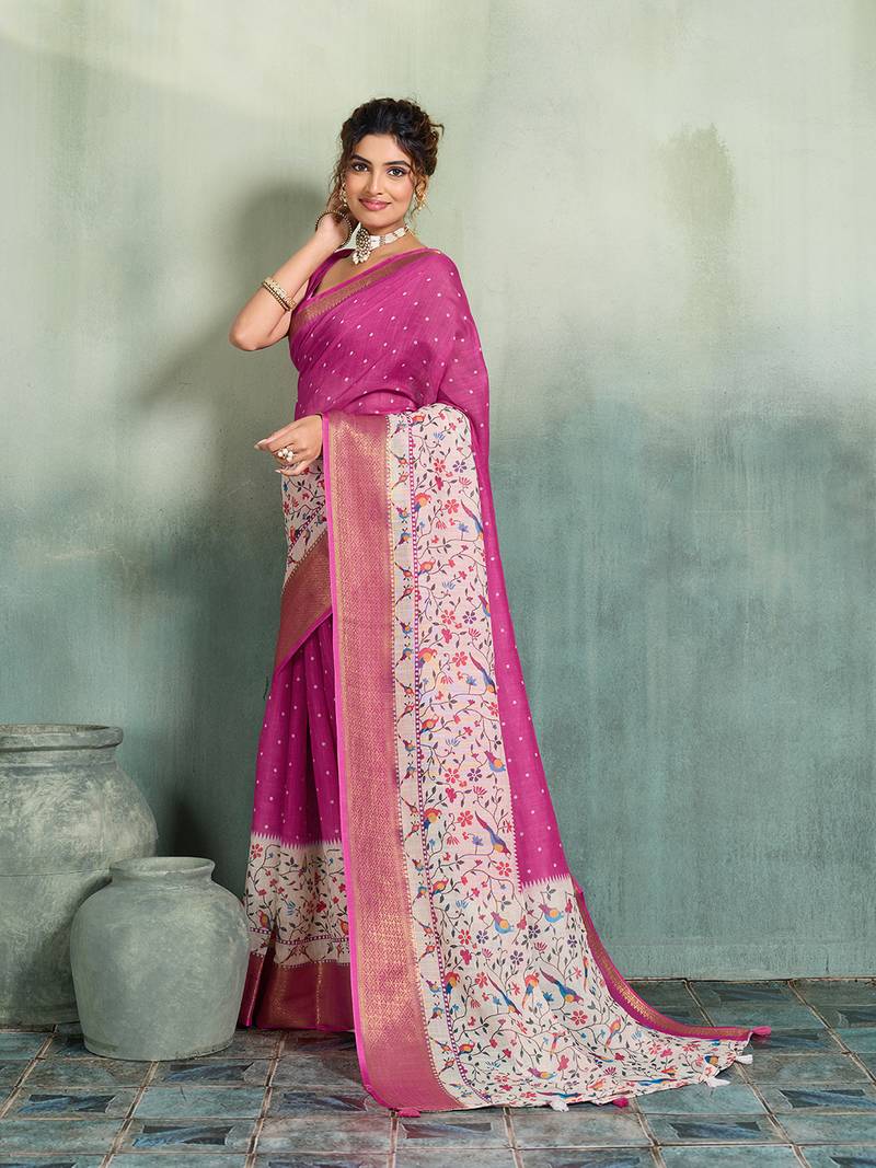 Magenta floral polka linen bollywood saree with blouse