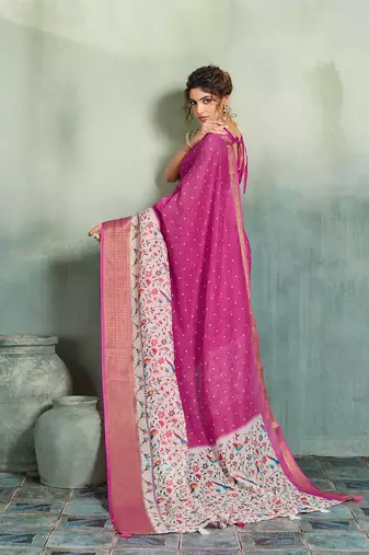 Magenta floral polka linen bollywood saree with blouse