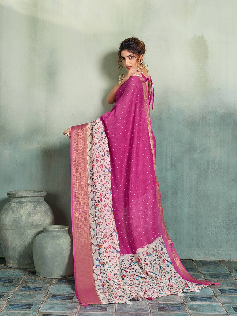 Magenta floral polka linen bollywood saree with blouse