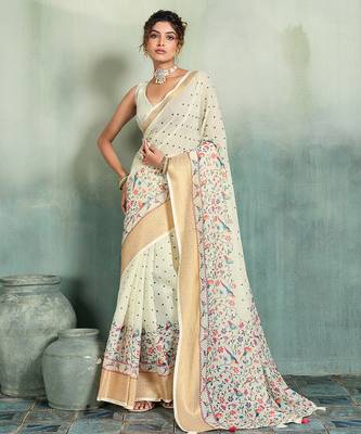 Off white floral polka linen bollywood saree with blouse 1