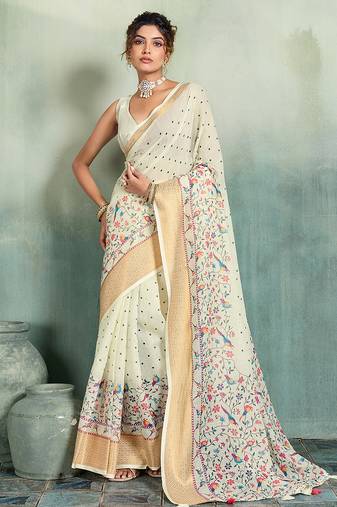 Off white floral polka linen bollywood saree with blouse