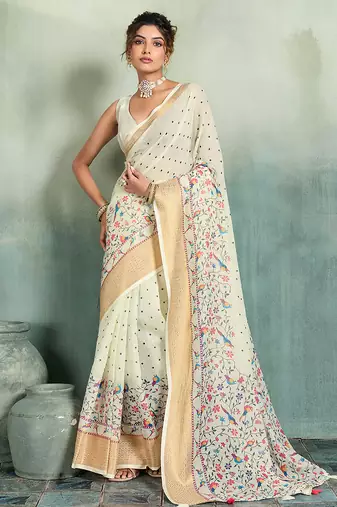 Off white floral polka linen bollywood saree with blouse