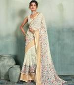 Off white floral polka linen bollywood saree with blouse
