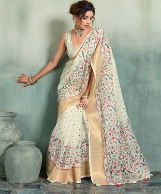 Off white floral polka linen bollywood saree with blouse 2