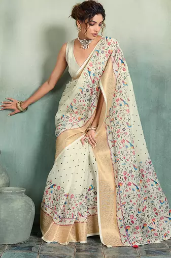 Off white floral polka linen bollywood saree with blouse