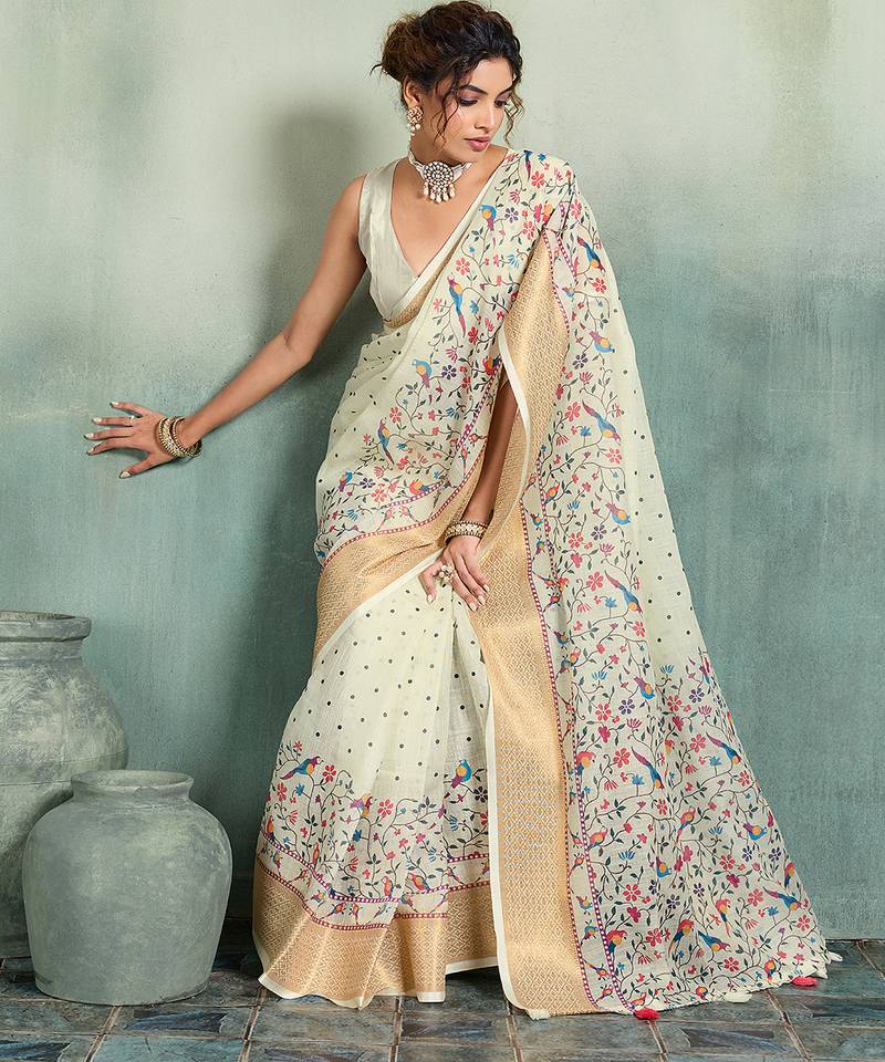Off white floral polka linen bollywood saree with blouse