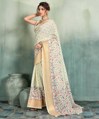 Off white floral polka linen bollywood saree with blouse 3
