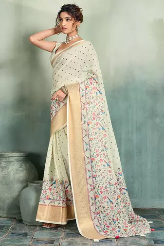 Off white floral polka linen bollywood saree with blouse