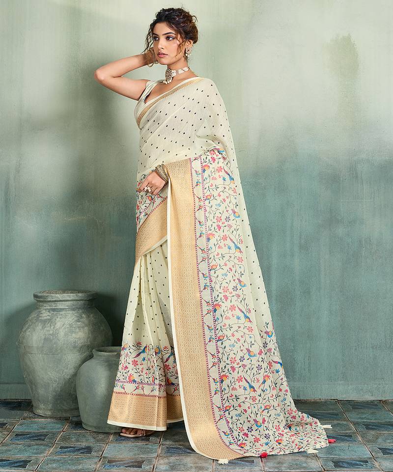 Off white floral polka linen bollywood saree with blouse