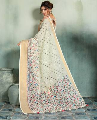 Off white floral polka linen bollywood saree with blouse 4