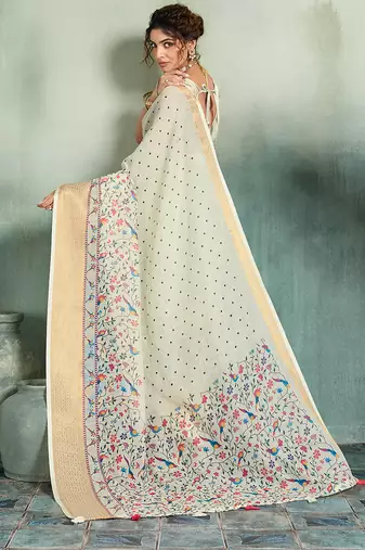 Off white floral polka linen bollywood saree with blouse