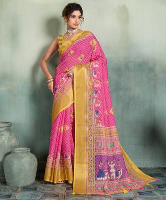 Pink floral linen kalamkari saree with blouse 1