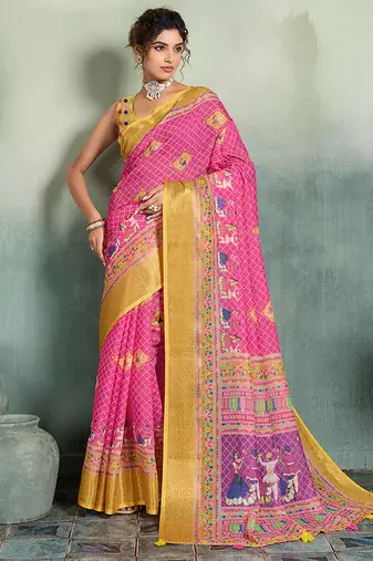 Pink floral linen kalamkari saree with blouse