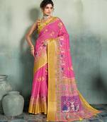 Pink floral linen kalamkari saree with blouse