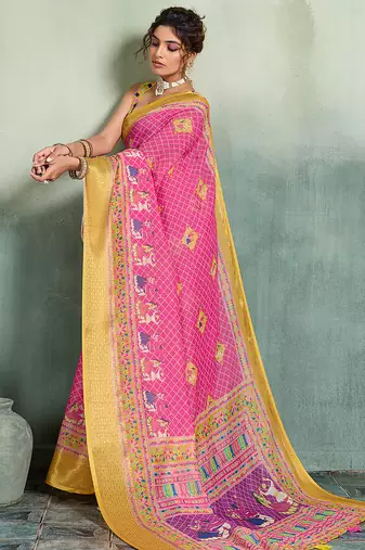 Pink floral linen kalamkari saree with blouse