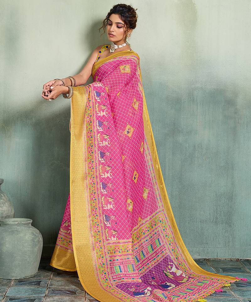 Pink floral linen kalamkari saree with blouse