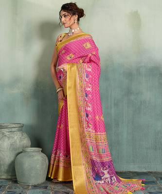 Pink floral linen kalamkari saree with blouse 4