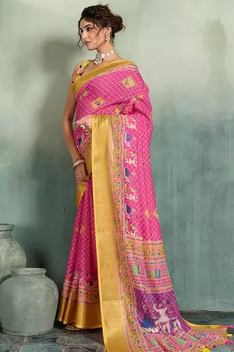 Pink floral linen kalamkari saree with blouse