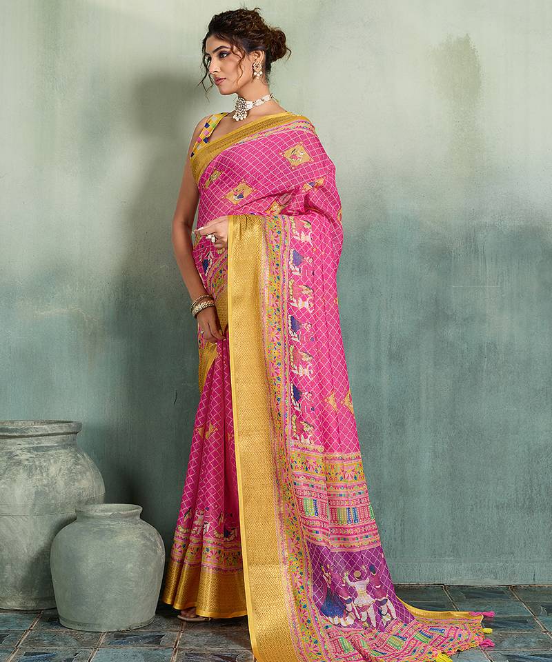 Pink floral linen kalamkari saree with blouse