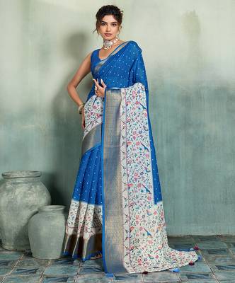 Royal blue floral polka linen bollywood saree with blouse 1