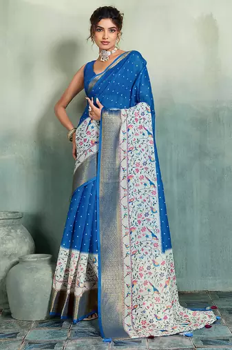 Royal blue floral polka linen bollywood saree with blouse