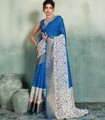 Royal blue floral polka linen bollywood saree with blouse