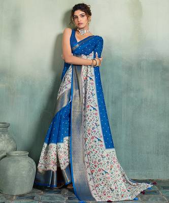 Royal blue floral polka linen bollywood saree with blouse 2