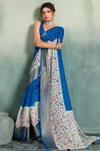 Royal blue floral polka linen bollywood saree with blouse