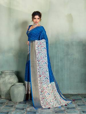 Royal blue floral polka linen bollywood saree with blouse 3