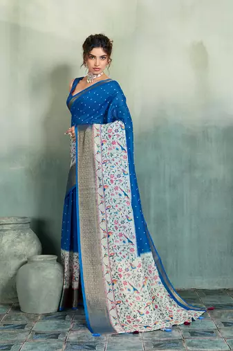 Royal blue floral polka linen bollywood saree with blouse