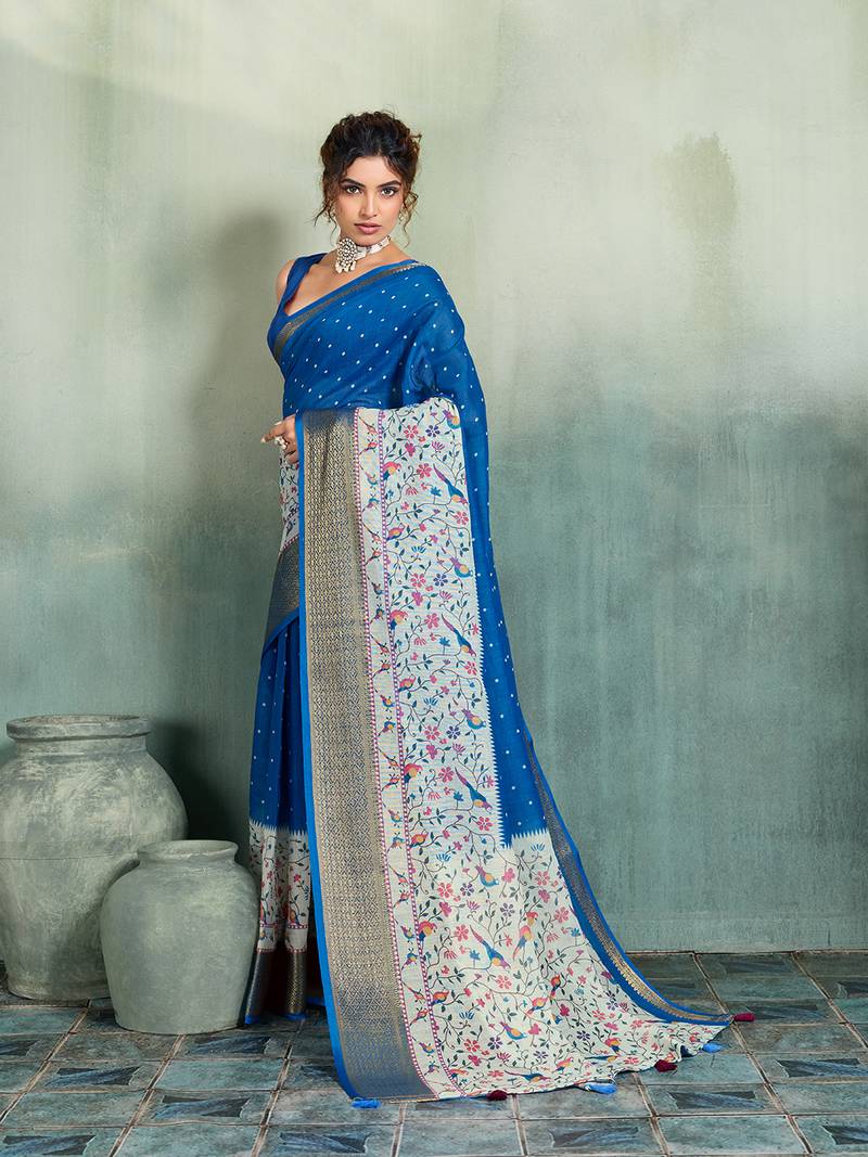 Royal blue floral polka linen bollywood saree with blouse
