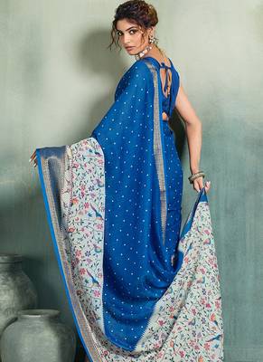 Royal blue floral polka linen bollywood saree with blouse 4
