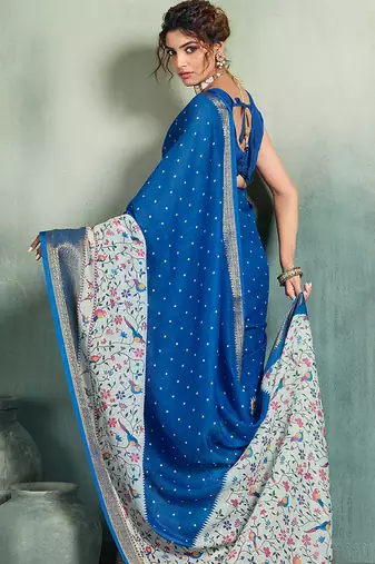 Royal blue floral polka linen bollywood saree with blouse