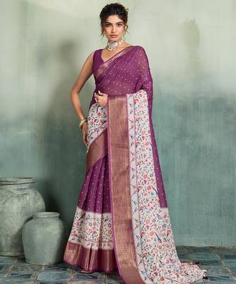 Wine floral polka linen bollywood saree with blouse 1