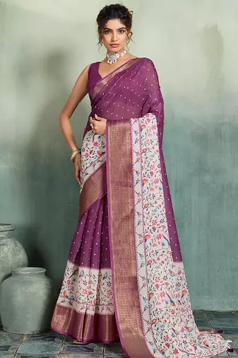 Wine floral polka linen bollywood saree with blouse