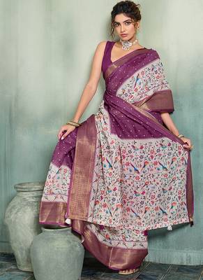 Wine floral polka linen bollywood saree with blouse 2