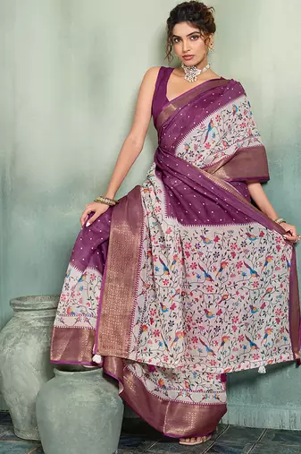 Wine floral polka linen bollywood saree with blouse