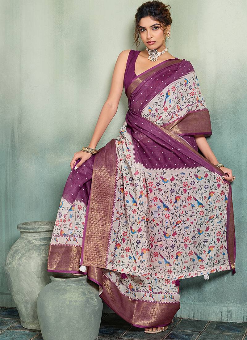 Wine floral polka linen bollywood saree with blouse